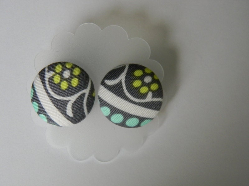 Charcoal floral covered button earrings