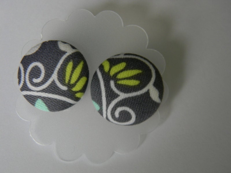 Charcoal floral covered button earrings