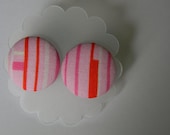 Pink striped covered button earrings