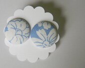 Blue and white floral covered button earrings