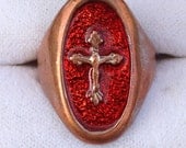 Vintage rare crucifix ring Jesus Christ on cross enamel and copper size 6-7
