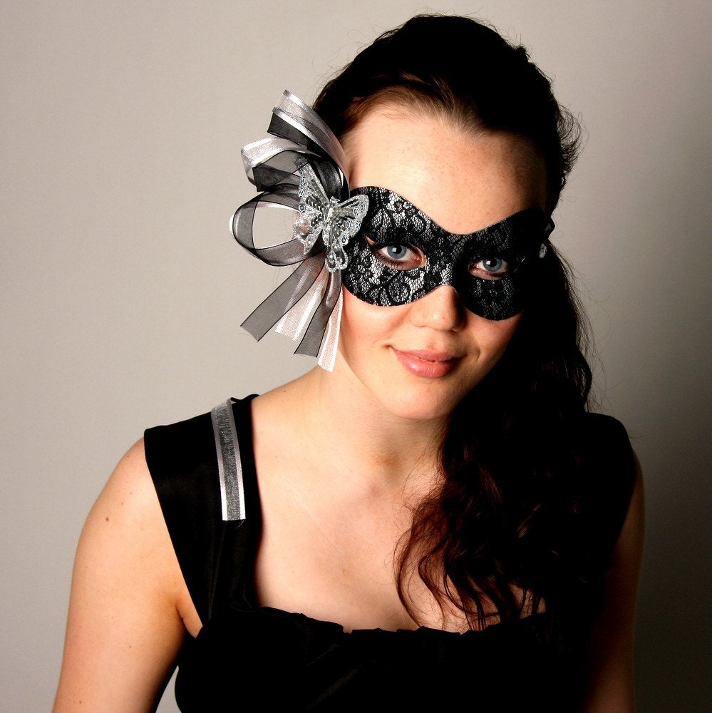Black and Silver Lace Butterfly Masquerade Mask  Masked Ball Party Prom Mask - FREE WORLDWIDE SHIPPING