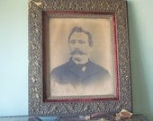 Large Antique Portrait of Victorian Era Man in Ornate Wood and Velvet Frame