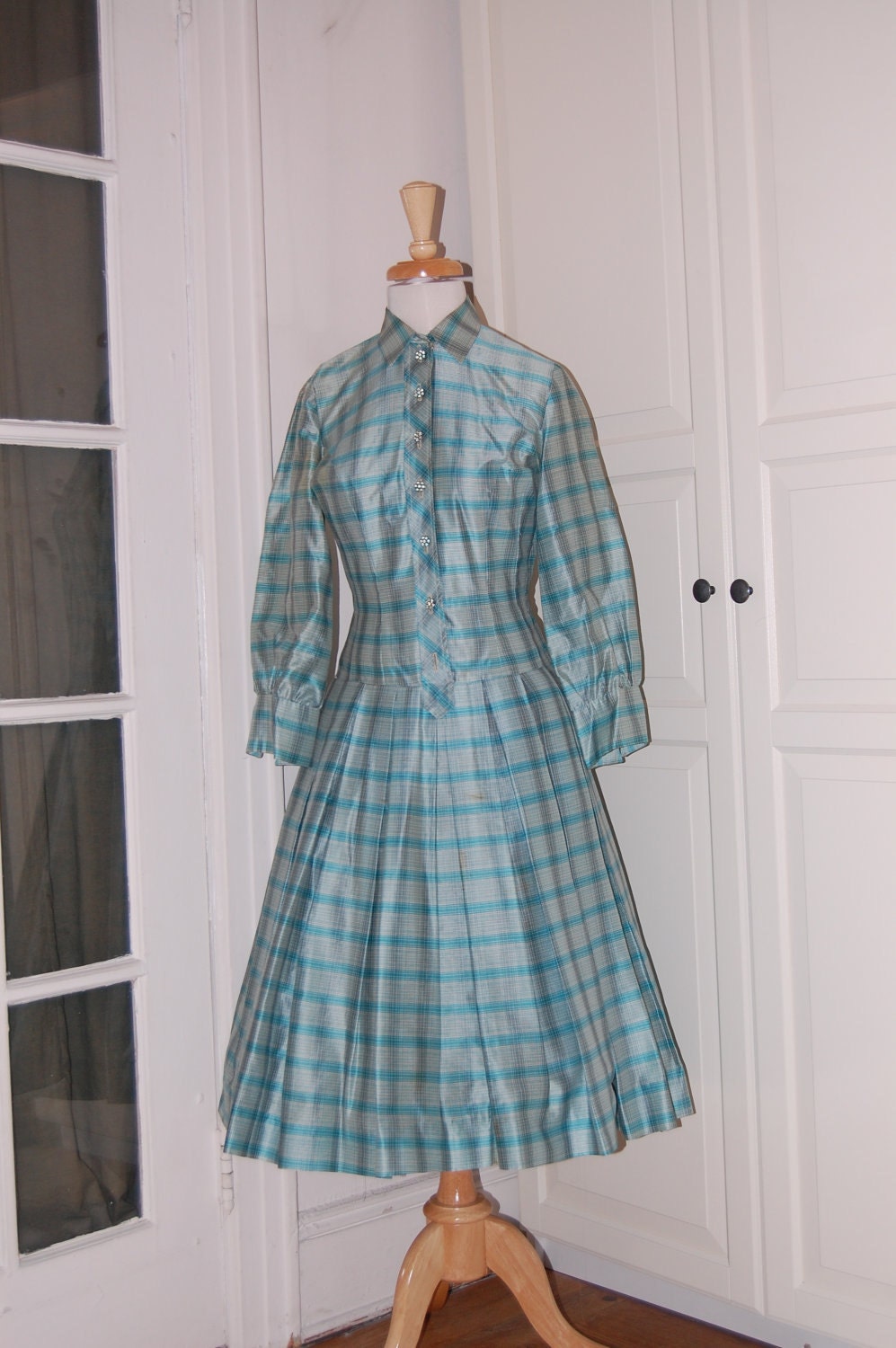 50s Blue Plaid Full Skirt Polished Cotton Dress with Flower Rhinestone Buttons