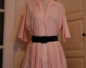 50s, 1950s Pink Cotton Shirtwaist Dress, Full Skirt Dress, Button Front, Pleated Dress - Medium Large