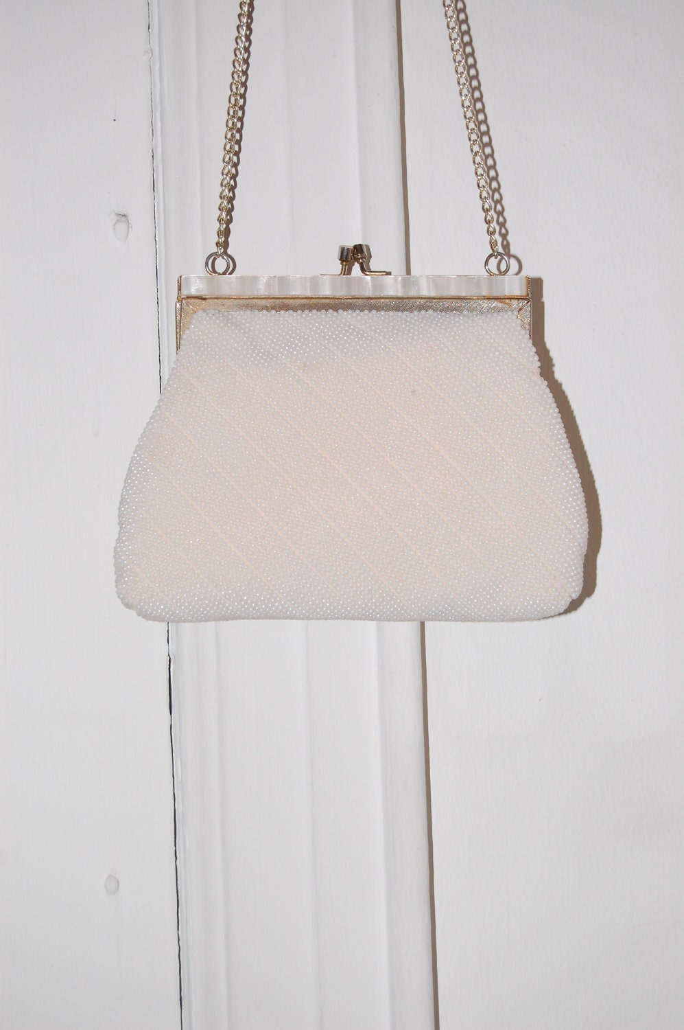 50s White Pearl Beaded Evening Bag - Bridal, Party