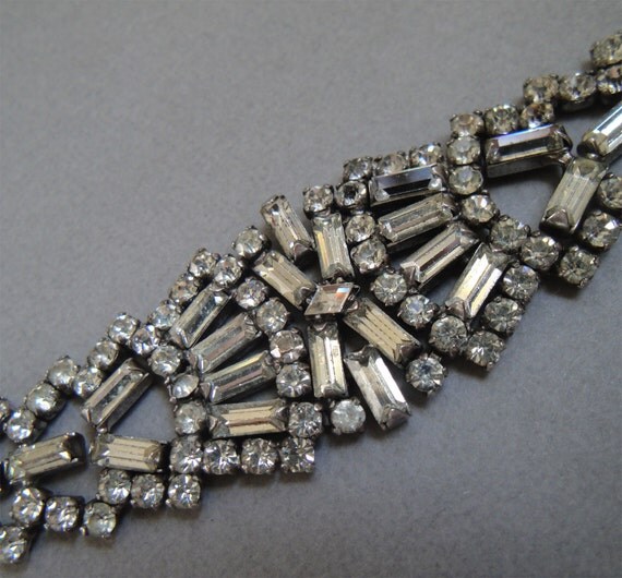 Vintage Sterling Bracelet signed Kramer in Rhinestones - set in sterling silver setting with safety chain makes a beautiful bridal bracelet