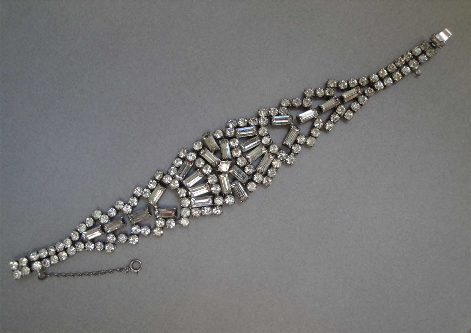 Vintage Sterling Bracelet signed Kramer in Rhinestones - set in sterling silver setting with safety chain makes a beautiful bridal bracelet
