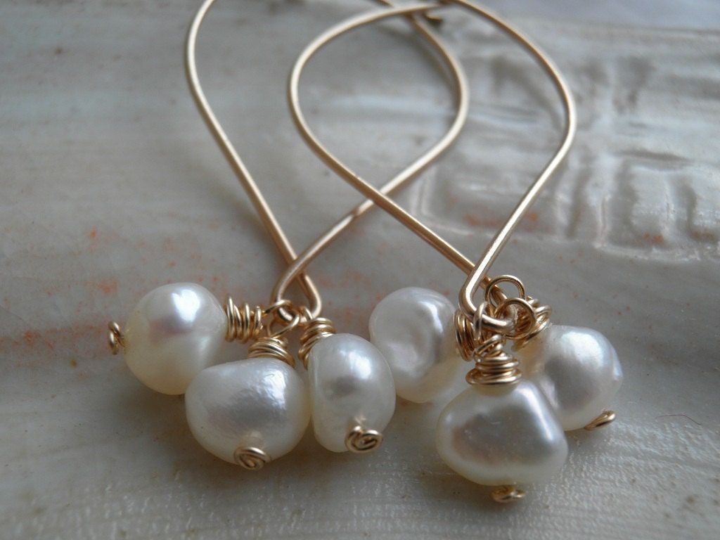 Bridal Three Simple White Fresh Water Pearls Handmade Earrings, In Gold, Anniversary , Wedding, Bridal, For Her, Statement Gift, SALE
