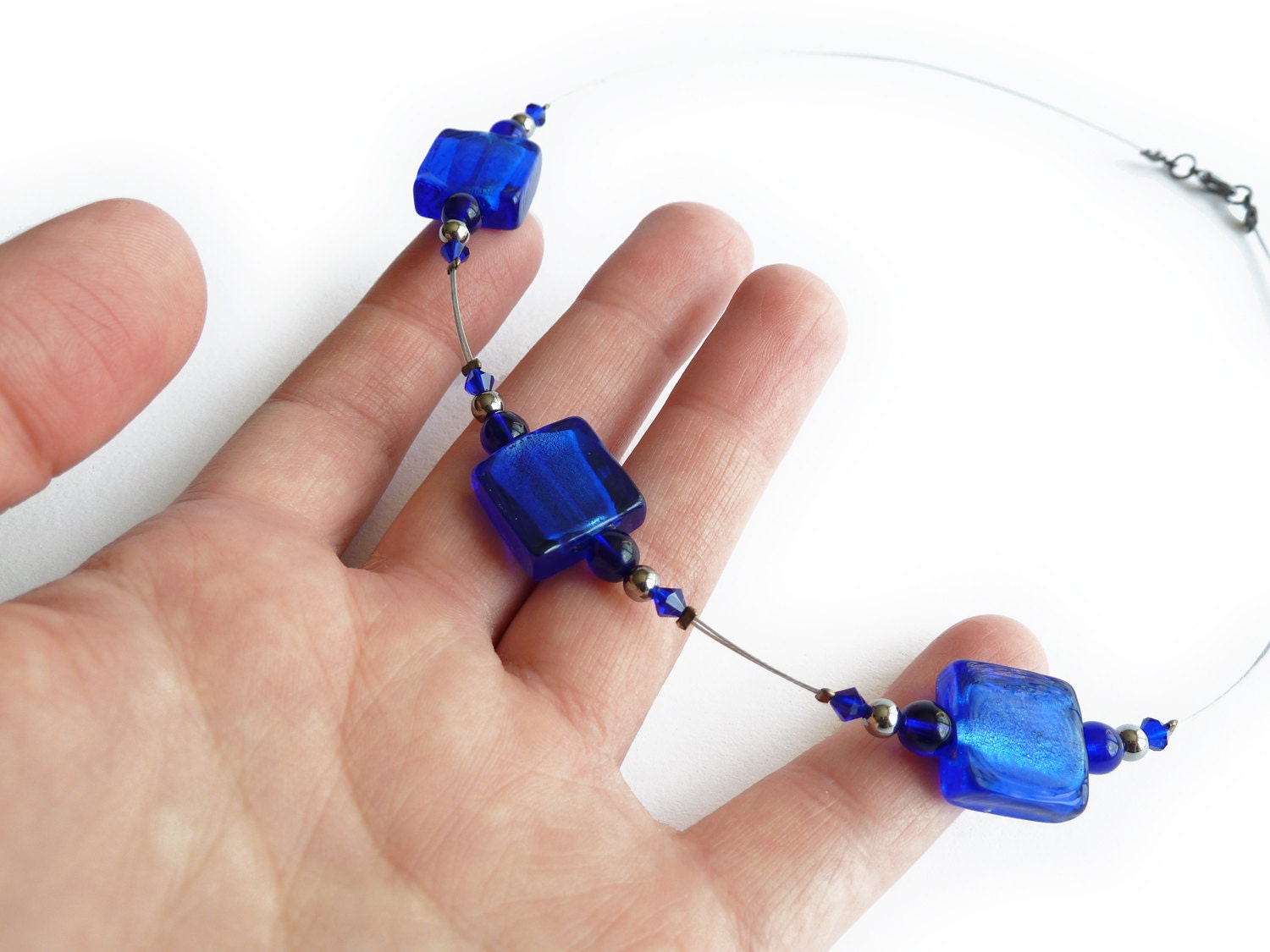 Cobalt Blue Necklace - Royal Blue Fused Glass Bead Necklace - Midnight Blue Beaded Necklet Choker