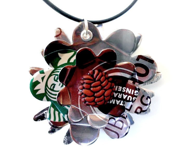 Starbucks Aluminum Can Necklace - Pine Cone Large Flower Upcycled Recycled Eco Friendly Jewelry