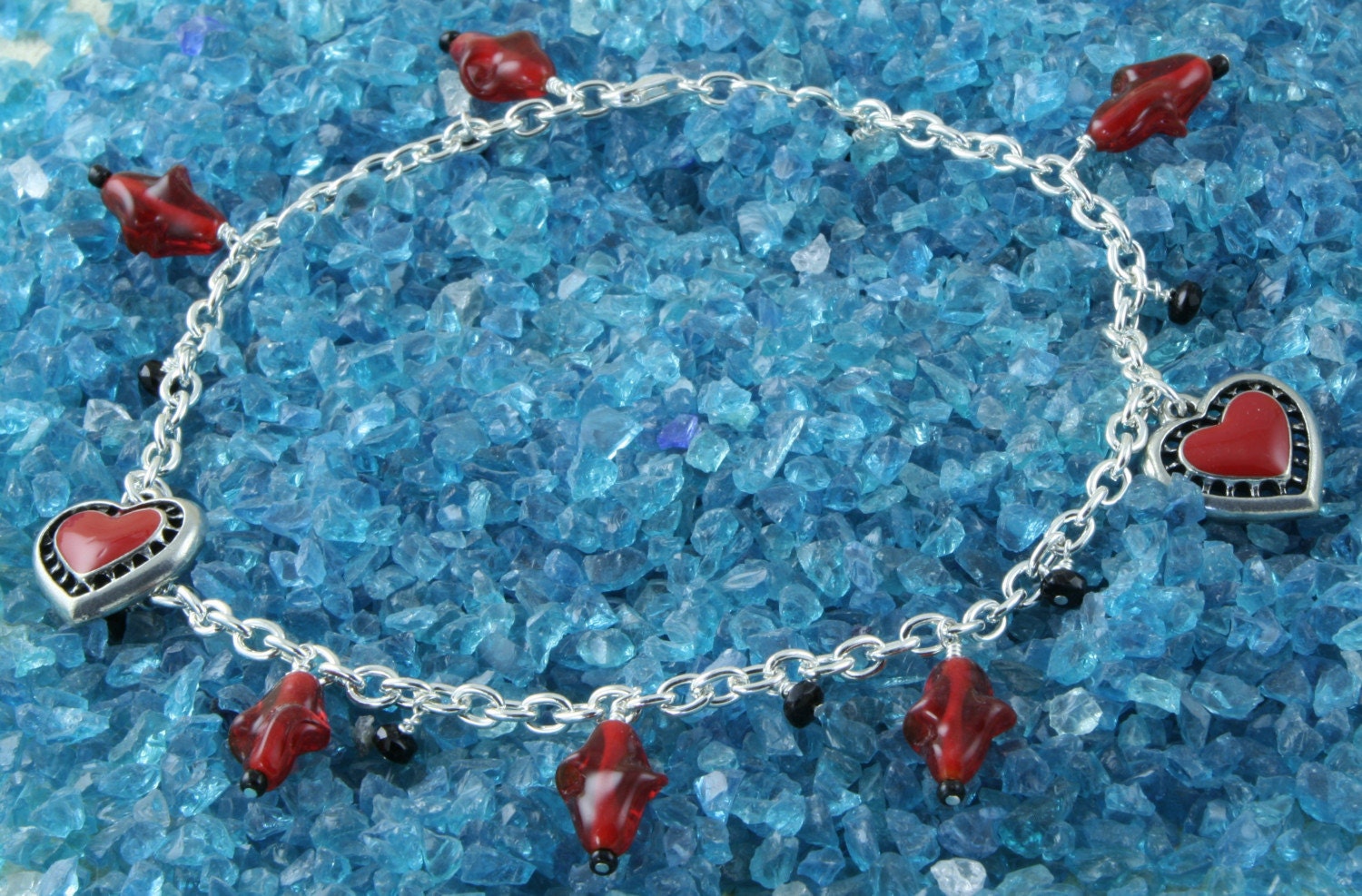 Handmade Anklet Red Hearts and Beads on Silver Chain