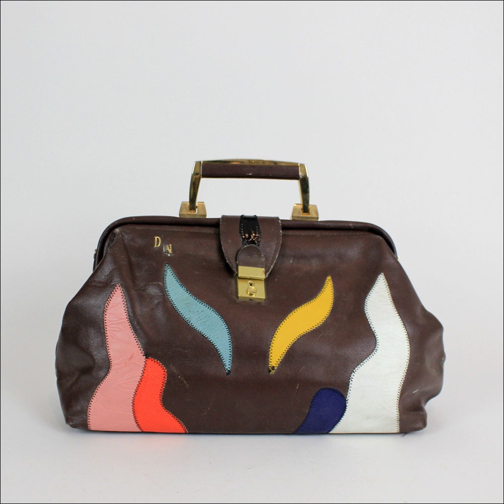 leather doctor bag / 80s wavy patchwork hinge bag