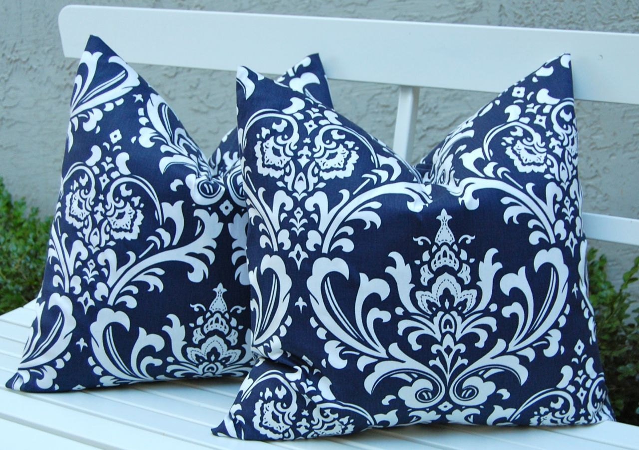 Blue Throw Pillow Covers for 18 x 18 Decorative Pillows Navy Blue and White Damask pair of Two