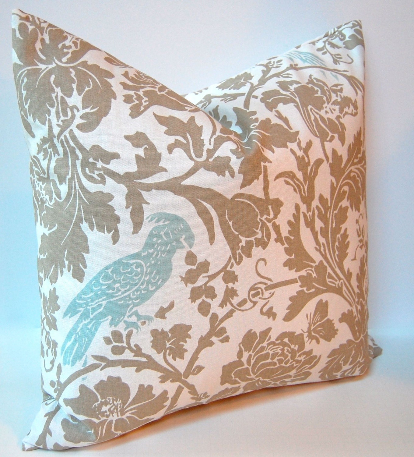 Decorative Throw Pillow Covers 18 x 18 Inches - Taupe and White with Aqua Bird Accent