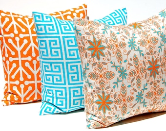 Throw Pillow Covers Tangerine Orange and Turquoise on Natural TRIO 20 x 20 Inches - NEW - Set of 3 Accent Pillows Cushion Covers