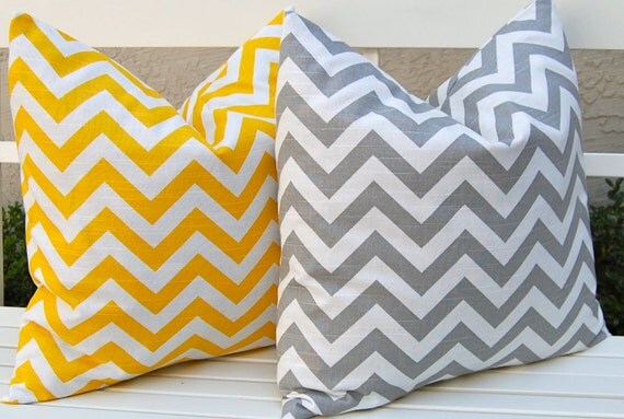 Decorative Throw PIllows Accent Pillows Cushion Covers Missoni Style Bright Yellow and Gray Chevron Pillow Covers 20 x 20 Inches