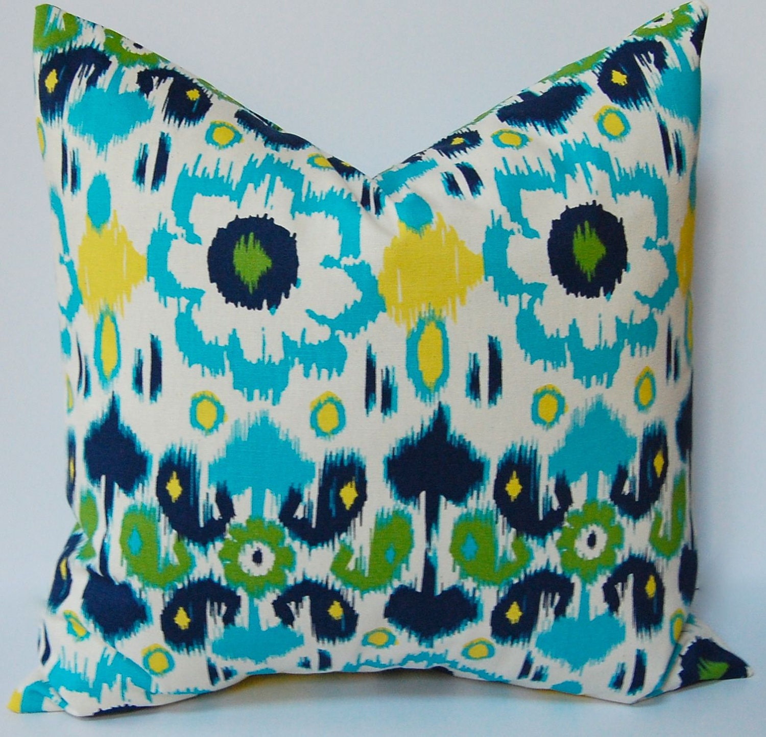 Decorative Throw Pillows, 20 x 20 Pillow Covers, Accent Pillows, Floral Ikat Turquoise, Yellow, Green