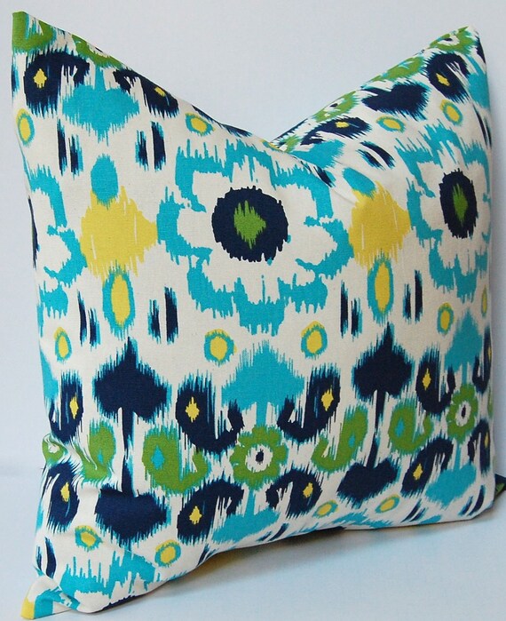 Decorative Throw Pillows, 20 x 20 Pillow Covers, Accent Pillows, Floral Ikat Turquoise, Yellow, Green