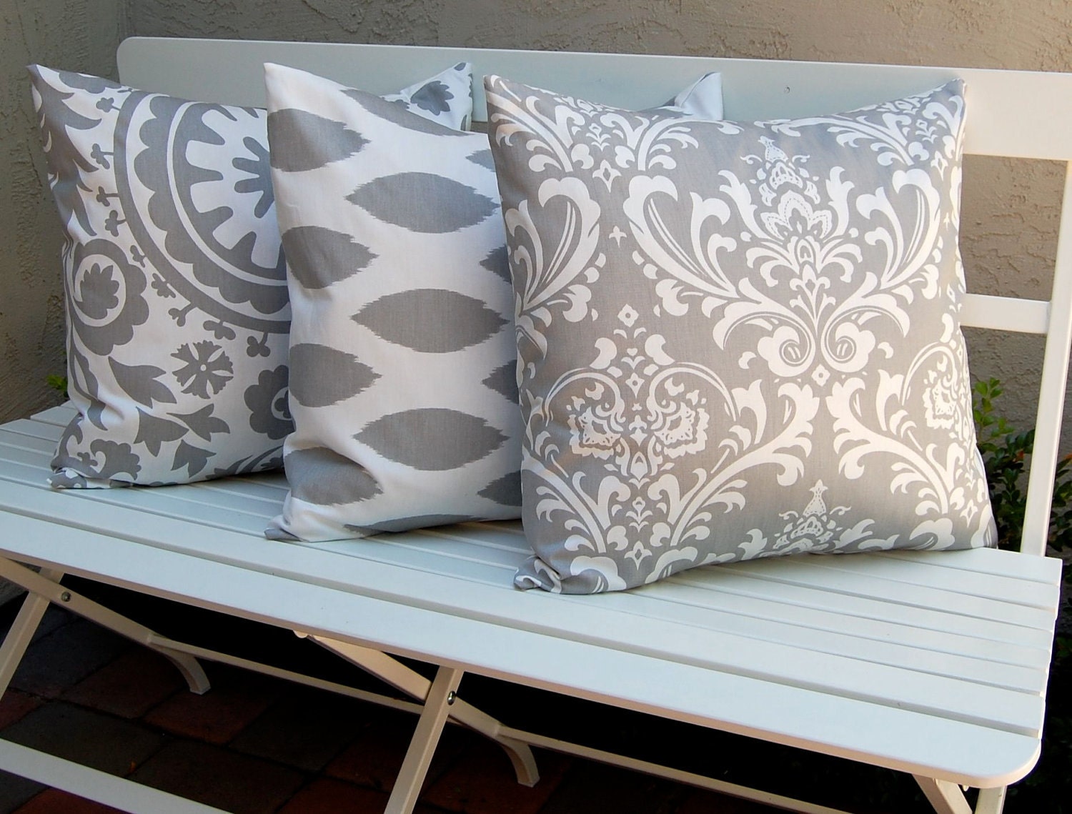 Decorative Pillows, Trio of Suzani and Ikat Decorative Throw Pillow Covers with Three 20 x 20 Inch Pillow Covers in Storm Gray