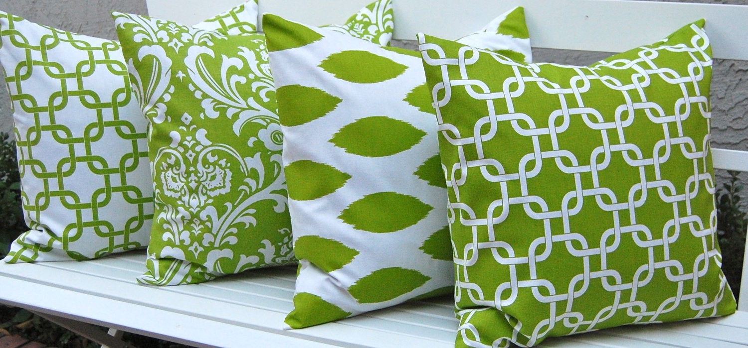 Decorative Pillow Covers Bright Kelly Green Decorator Special Four Cushion Covers Accent Pillows 20 x 20 Inches Chartreuse Green and White
