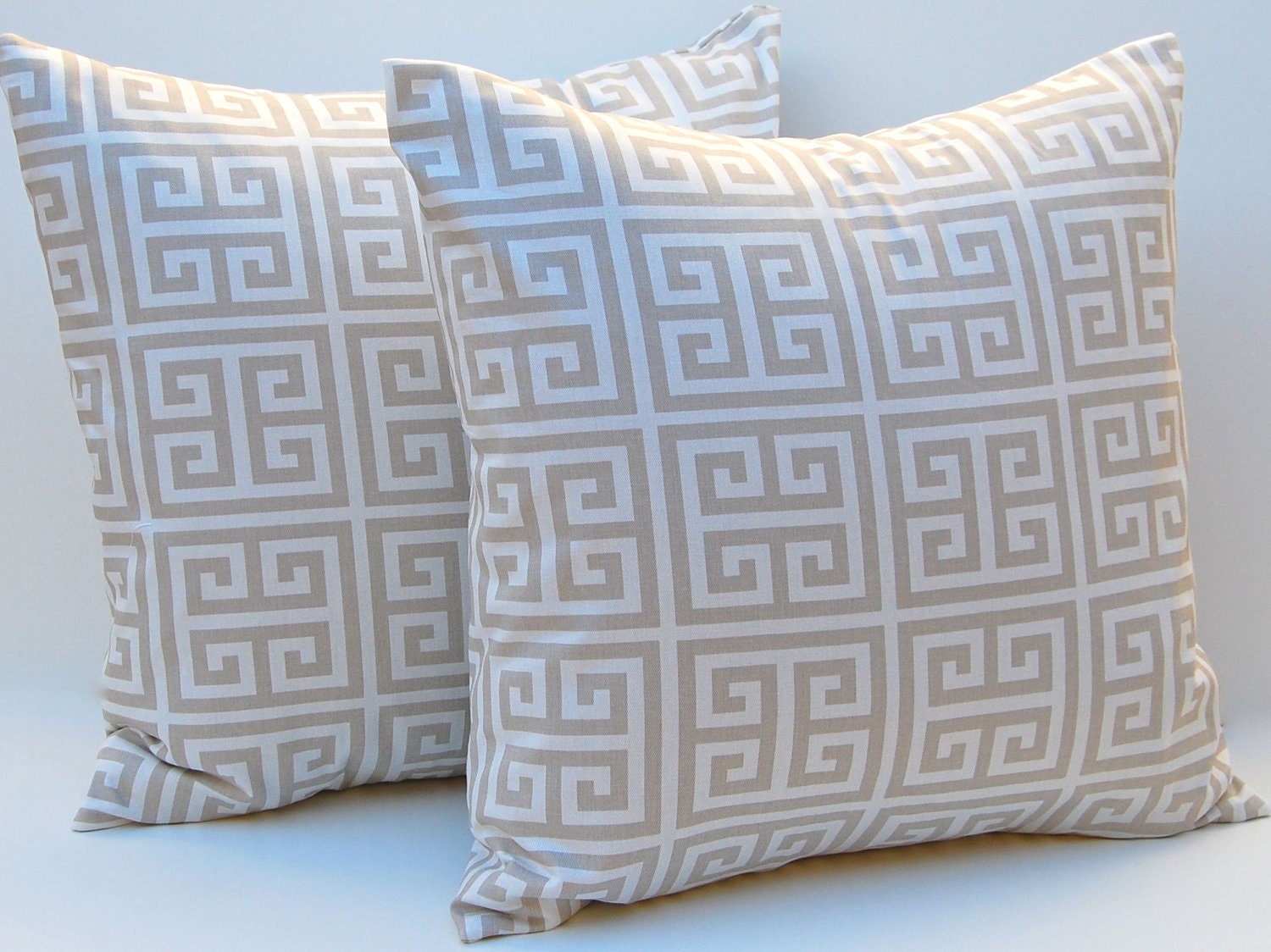 MEMORIAL DAY SALE Decorative Throw pillow covers set of two 20 x 20 Inches Tan and White Greek Key