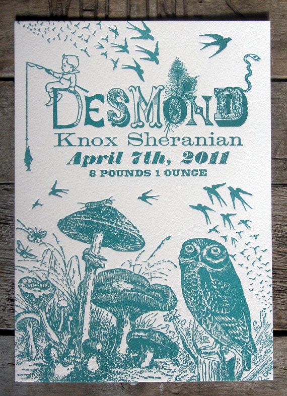 One of a Kind Custom Designed Letterpress Printed Birth Announcements Mushrooms & Owl Theme
