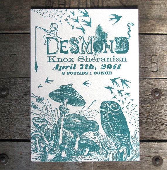 One of a Kind Custom Designed Letterpress Printed Birth Announcements Mushrooms & Owl Theme