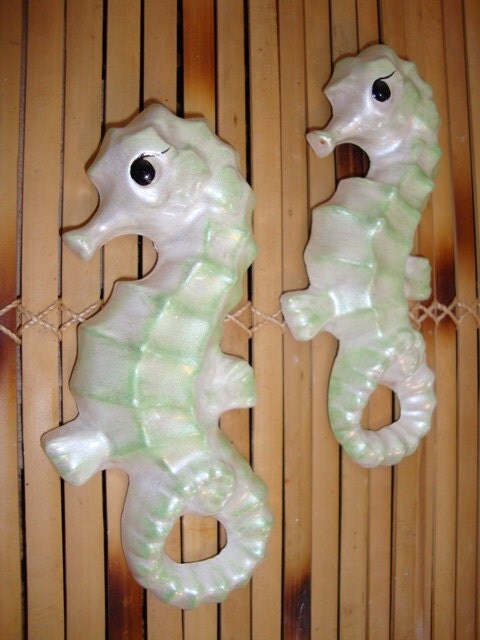 Handpainted original Pair of Green Seahorse Plaques from Vintage Mold