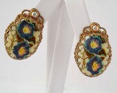 Painted Morning Glory and Rhinestone Vintage Earrings - W. Germany