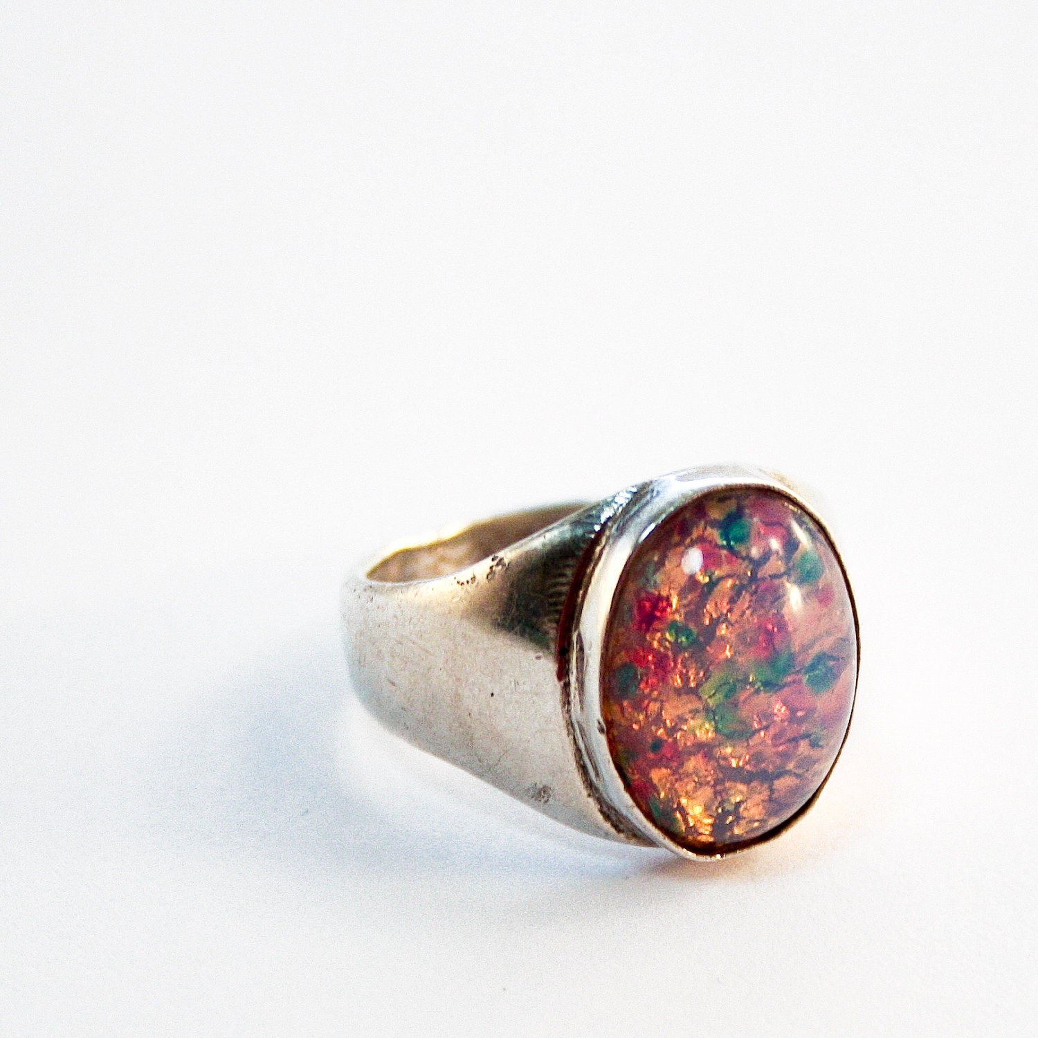 Vintage Modern Sterling and Foiled Art Glass Cabochon Ring - Faux Opal