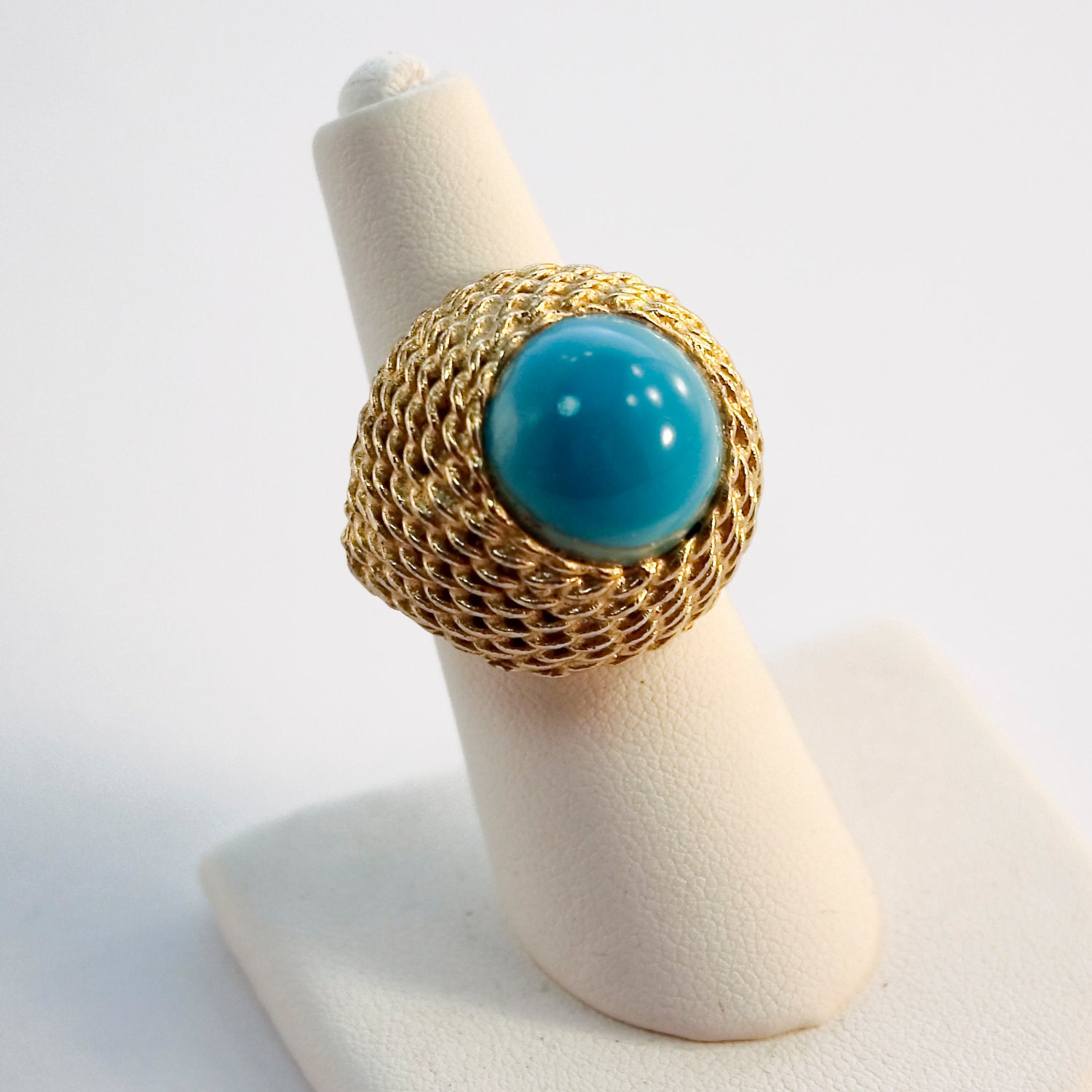 Chunky Faux Turquoise and Gold Rope Ring - Vintage Adjustable