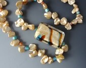 Jewelry Necklace Golden Keshi Pearls Murano Bead Gold Teal Rust
