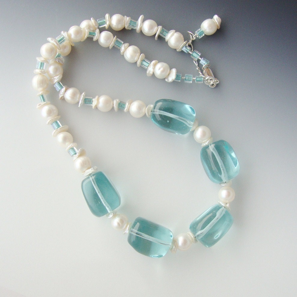 Pearls Blue Quartz Glass Necklace Sterling Silver - CalliopeAZCreations