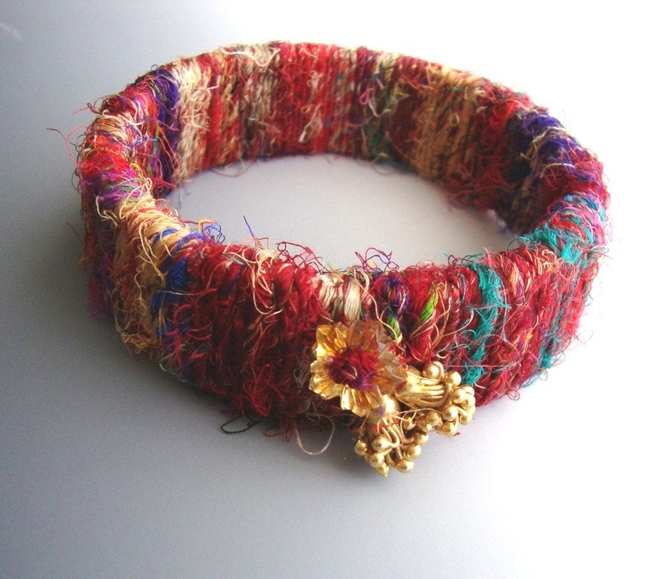 Bangle Bracelet of Sari Silk and Gold Vermeil Charm