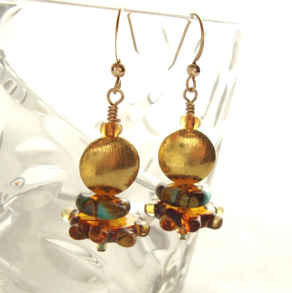 Jewelry Earrings Gold Vermeil Blue Amber Lampwork Glass Dangle