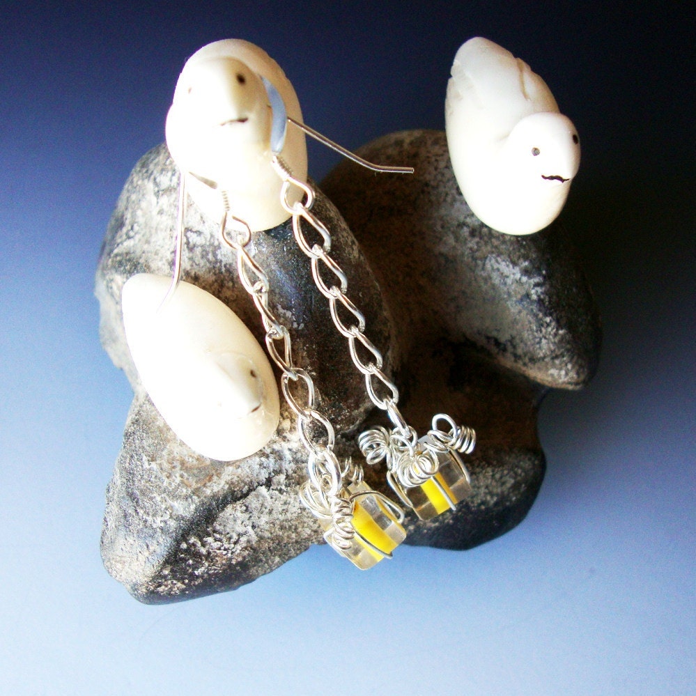 Tiny Yellow Glass Gift Box Sterling Bow Earrings