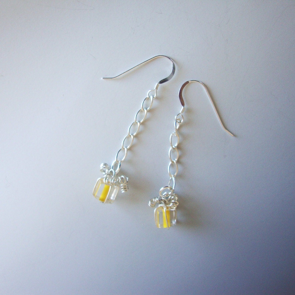 Tiny Yellow Glass Gift Box Sterling Bow Earrings