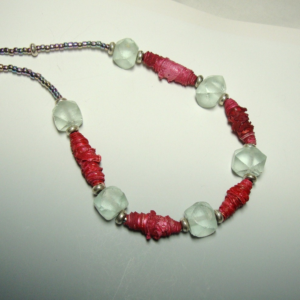Tattered Rose Beads Recycled Aqua Glass Necklace