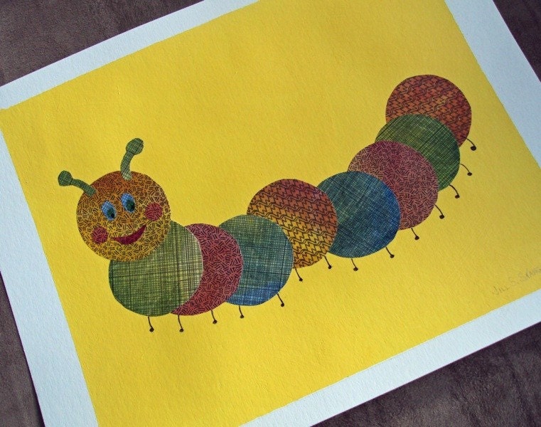 Mixed media, childrens art, Caterpillar collage, wall art, art for children by petitepaintbrush on etsy