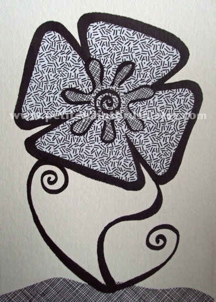 Kids art, set of 2 black and white flowers, original mixed media