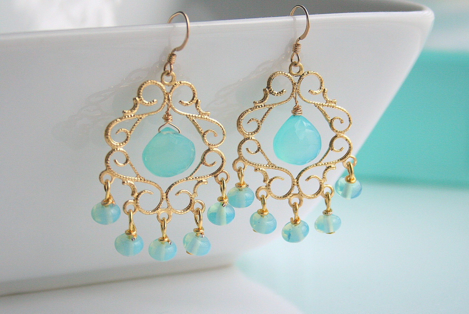 Aqua chalcedony and gold chandelier earrings - ERIN
