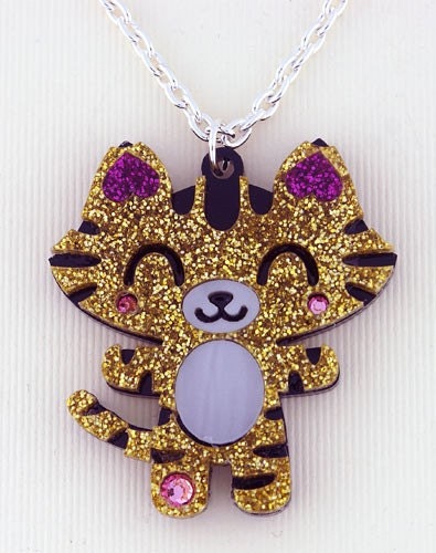 LAST ONE On Sale Kawaii gold glitter happy tiger laser cut layered acrylic pendant with swarovski crystals cute japanese anime style
