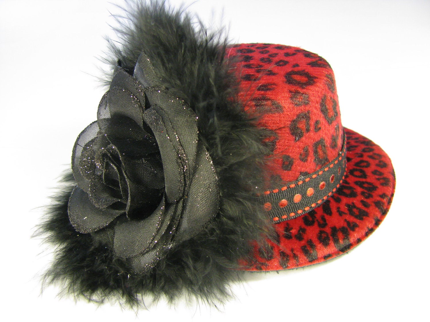 Mini Top Hat - Fascinator - Red Cheetah Print Hat, Black Frosted Icy Rose and  Boa - MH28