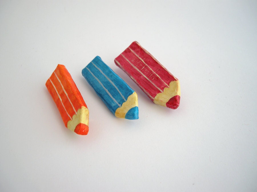 Pencil paper mache brooch - eco friendly jewelry - orange, light blue, deep red