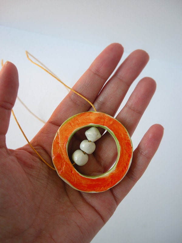 Long pendant orange and green abacus circle necklace