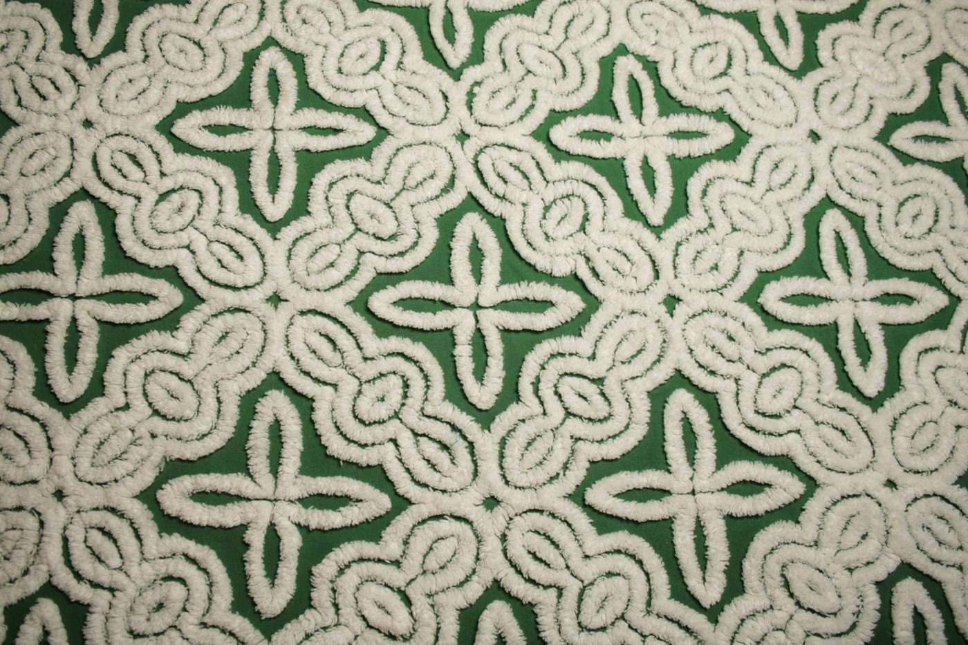 Lovely Emerald Green Stars and Scrolls Hofmann Vintage Chenille Bedspread Fabric - 26 x 22 Inches