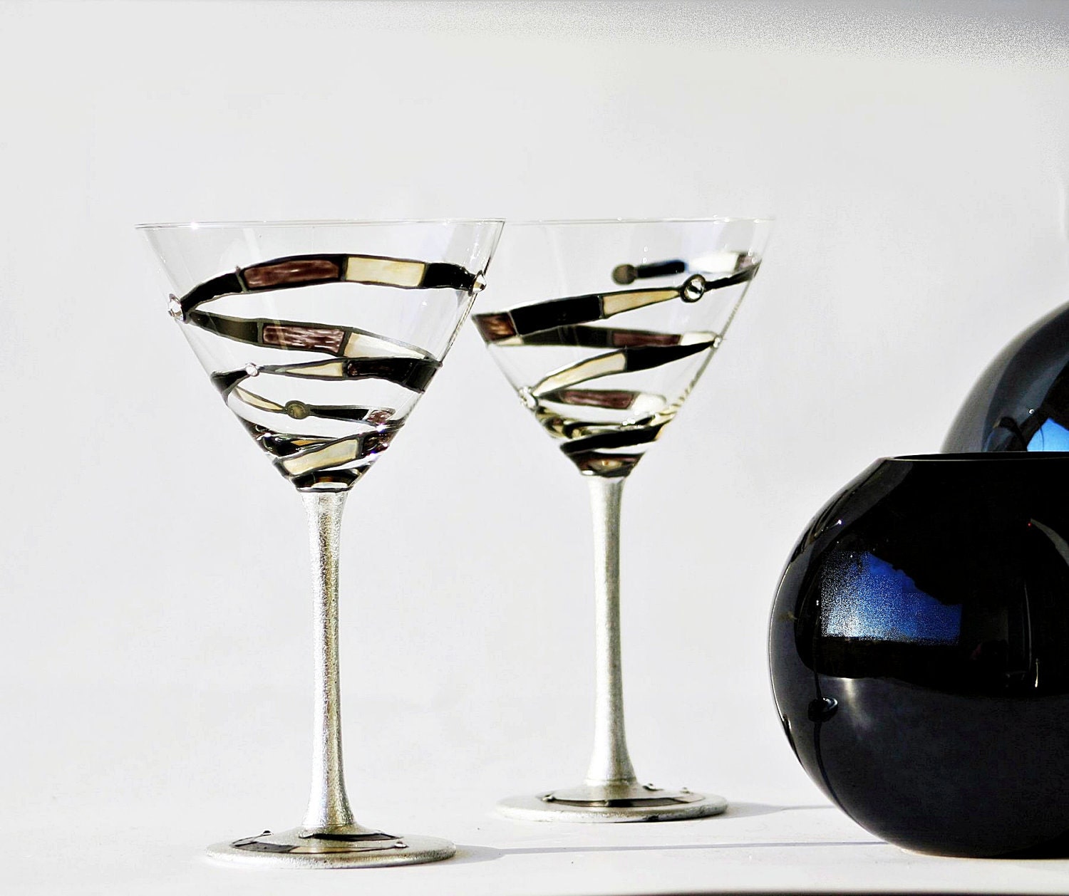 Martini Glasess Spiral Hand Painted Set of 2  Swarovski Crystal Decorated, Black Gray, Wgite, Silver