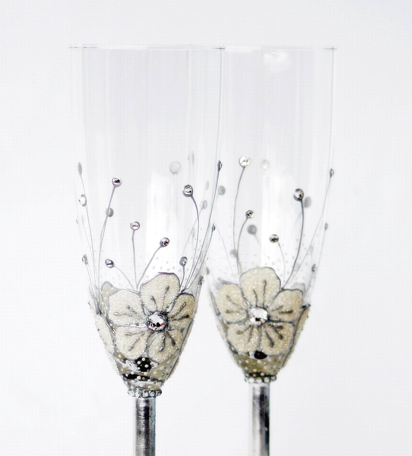 MADE to ORDER White Ice Flowers Champagne Flutes Hand painted Set of 2