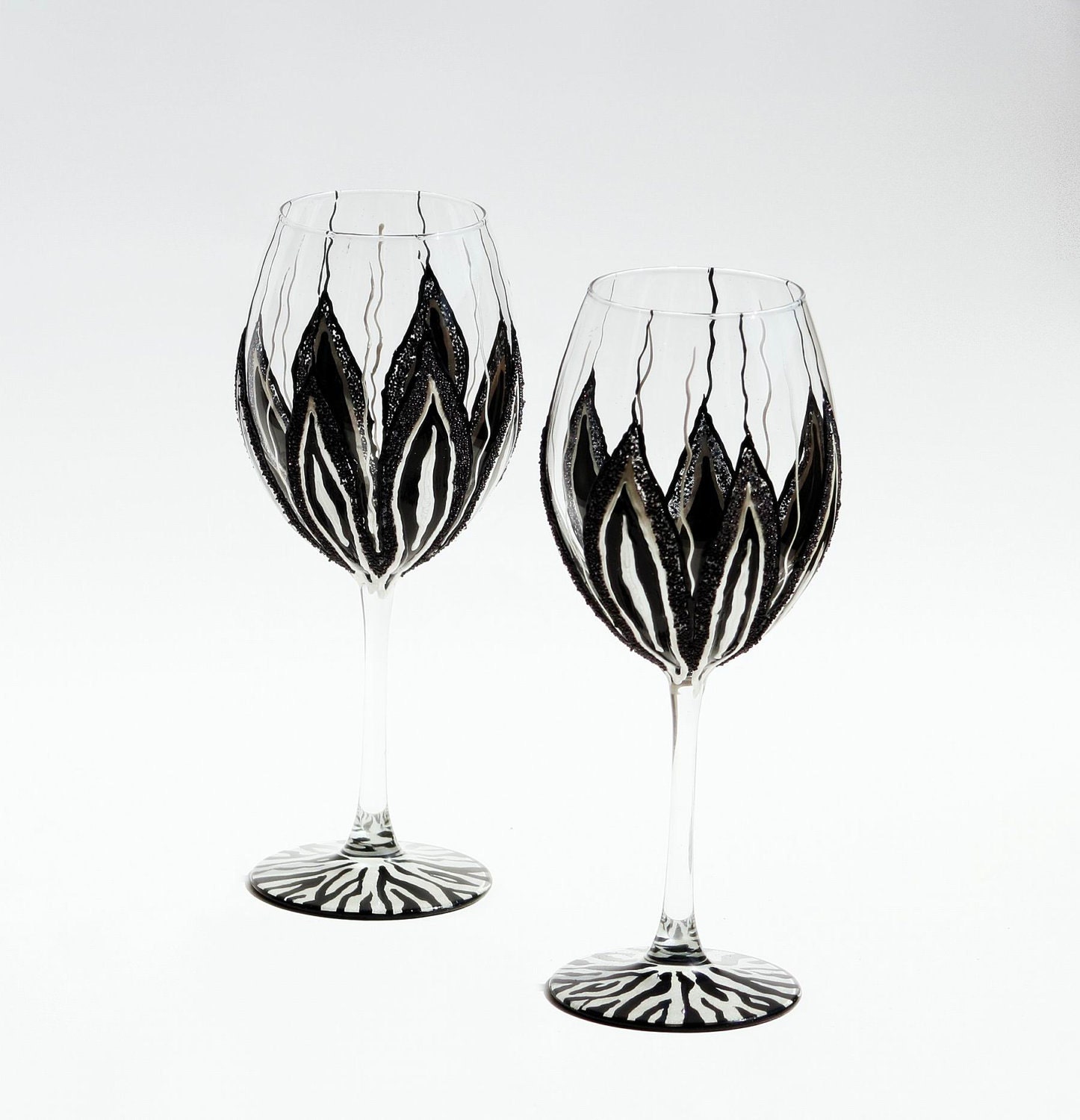 Zebra Wine Glasses Hand Painted Black and White Set of 2, Wedding Gift, Anniversary Gift, Mothers day gift